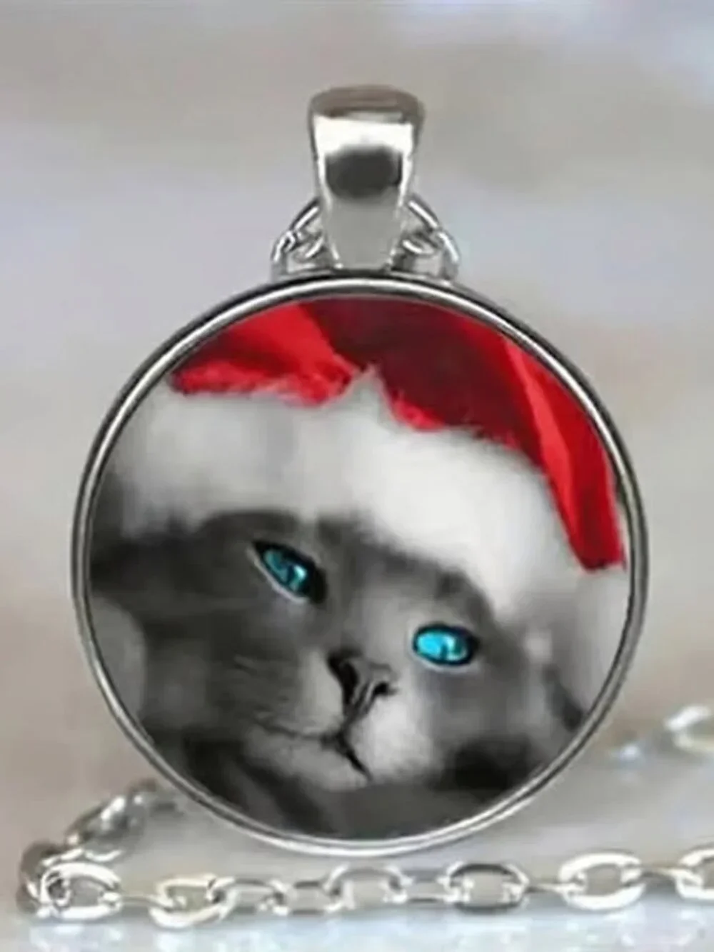 Silver Christmas KITTY CAT Glass Cabochon Pendant Necklace